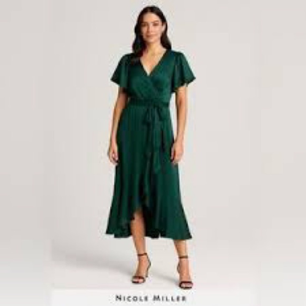 Nicole Miller Satin Emerald Wrap Dress Flutter Sleeve Ruffle wedding guest